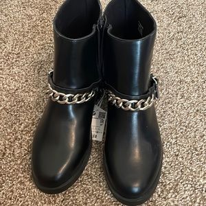 ZARA Kids Black Leather Moro Combat Ankle Boots Chain Accent Size 37